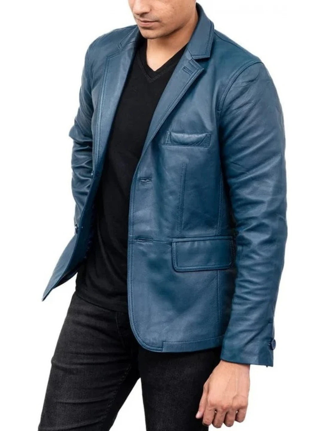 Men's Two-Button Navy Blue Leather Blazer Sophisticated & Timeless Outerwear