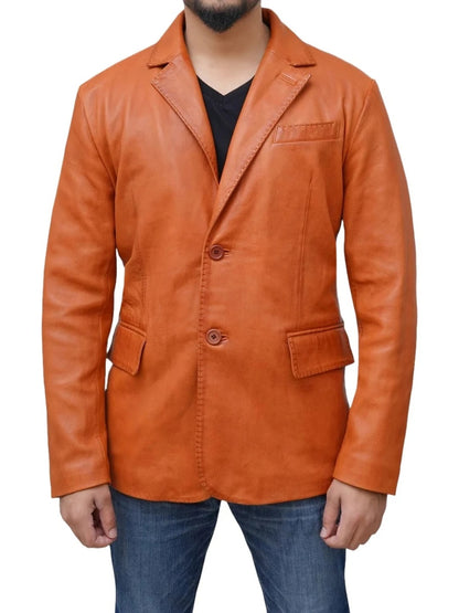 Men's Two-Button Orange Leather Blazer Vibrant & Stylish Outerwear