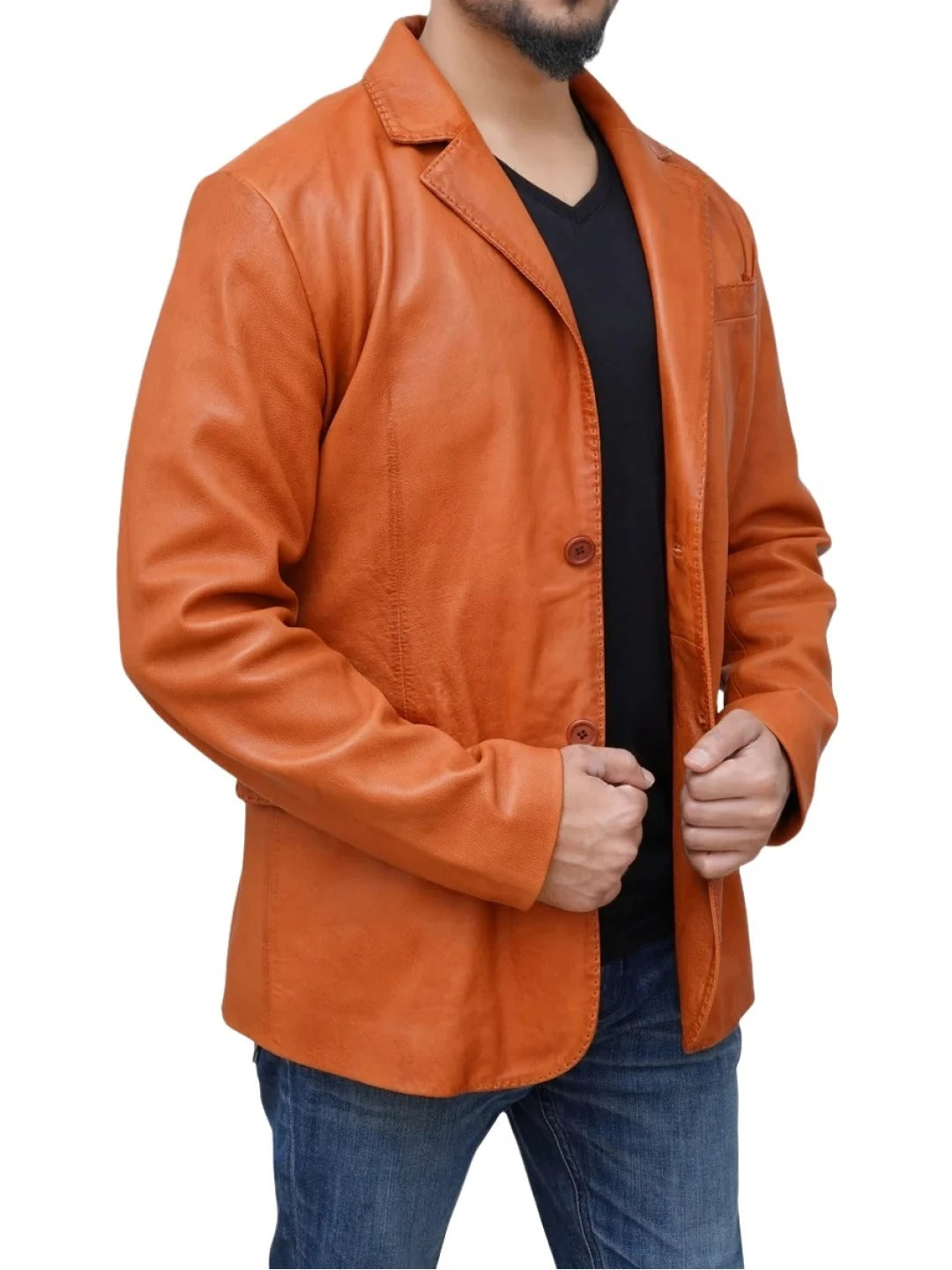 Men's Two-Button Orange Leather Blazer Vibrant & Stylish Outerwear