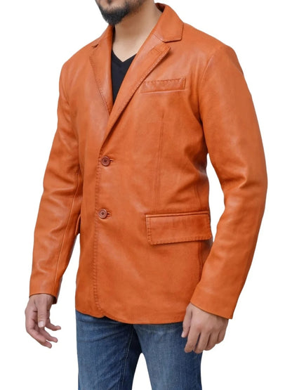 Men's Two-Button Orange Leather Blazer Vibrant & Stylish Outerwear