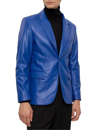 Men's Two-Button Royal Blue Leather Blazer Bold & Stylish Outerwear