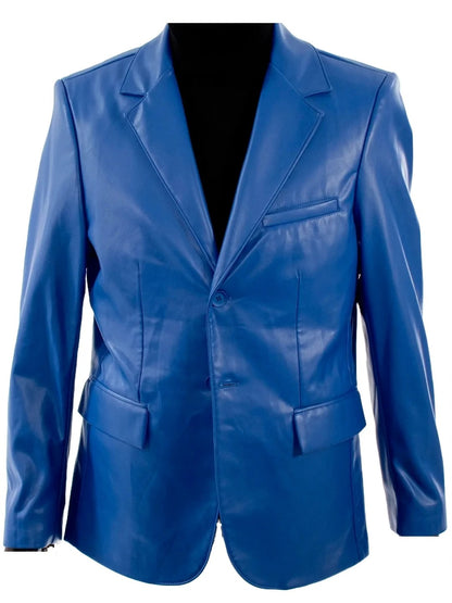 Men's Two-Button Royal Blue Leather Blazer Bold & Stylish Outerwear