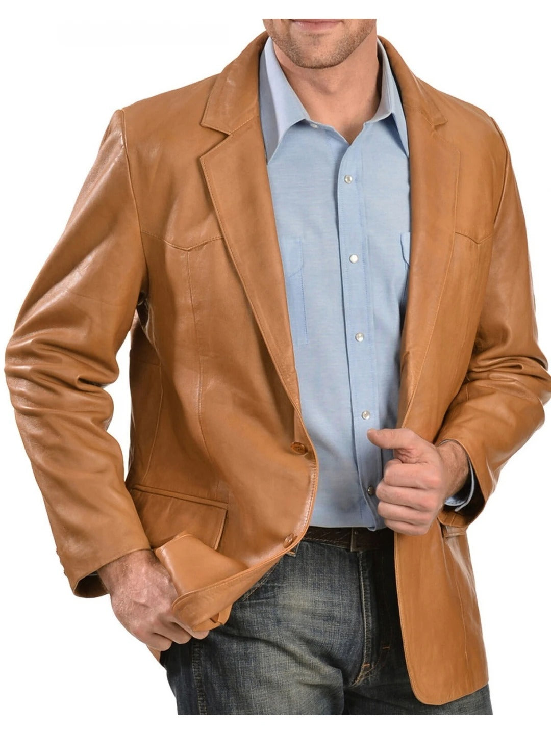 Men's Two-Button Tan Leather Blazer Classic & Stylish Outerwear