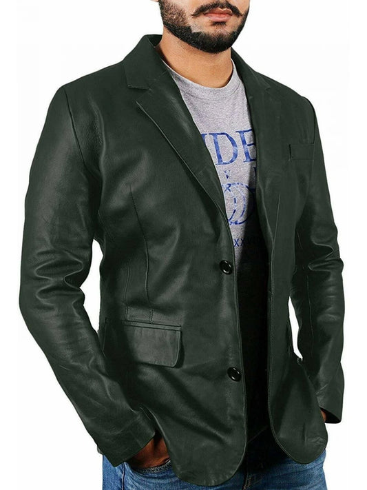 Men's Two-Button Green Leather Blazer Stylish & Sophisticated Outerwear