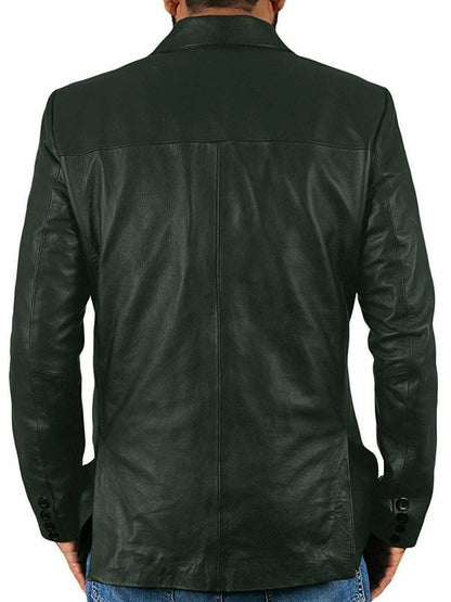 Men's Two-Button Green Leather Blazer Stylish & Sophisticated Outerwear