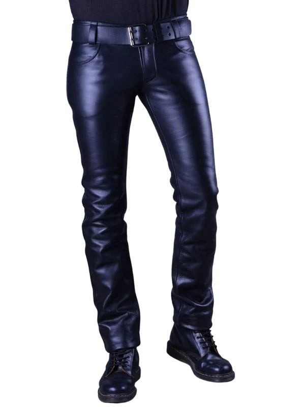 Real Leather Classic Zipper Jeans for Men