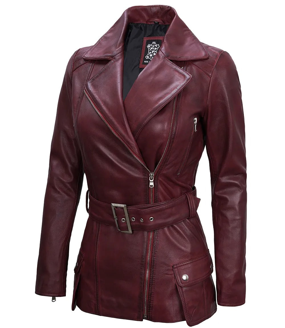 Avanzar Leather Women's Maroon Asymmetrical Real Leather Biker Jacket