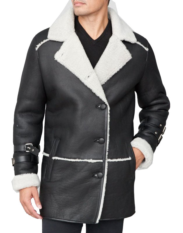 Shearling Sheepskin Black Car Coat by Avanzar