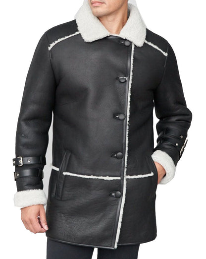 Shearling Sheepskin Black Car Coat by Avanzar