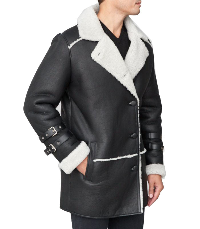 Shearling Sheepskin Black Car Coat by Avanzar