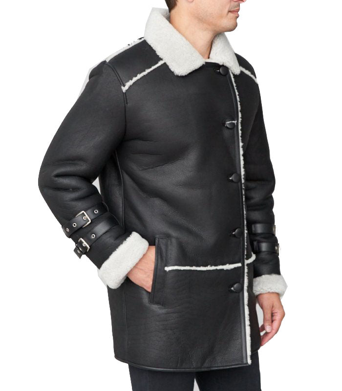 Shearling Sheepskin Black Car Coat by Avanzar