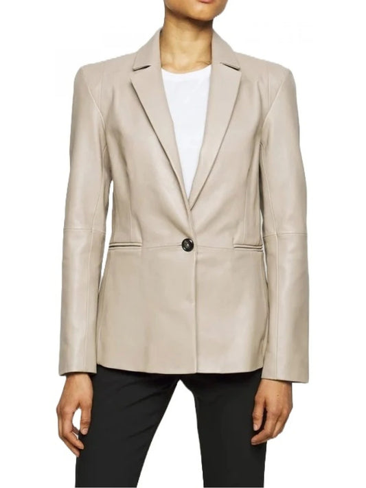 Women's Welt Pockets Beige Leather Blazer Elegant & Chic Outerwear