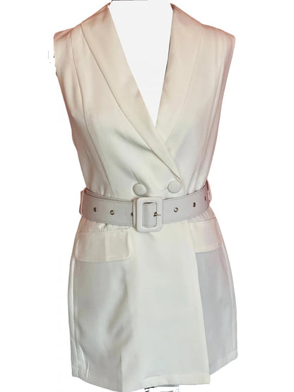 Avanzar Leather White Leather Belted Short Romper