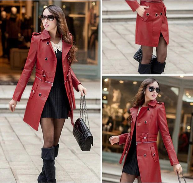 Women’s Red Long Trench Coat  Avanzar Leather