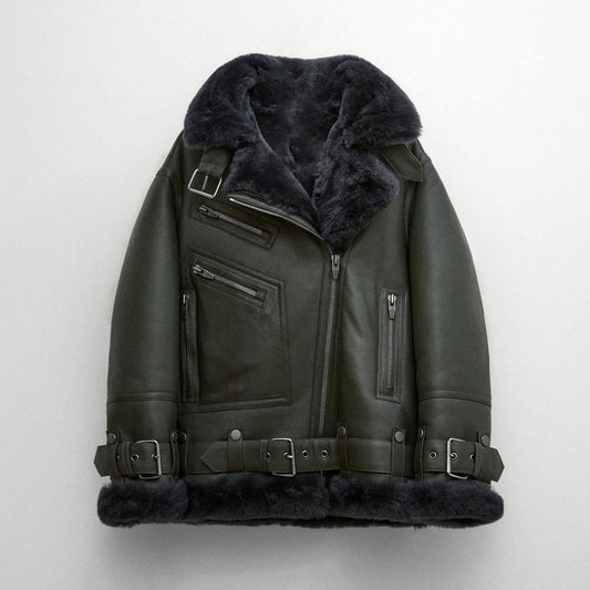 Women’s Green RAF Aviator Styled Lambskin Black Shearling Leather Jacket