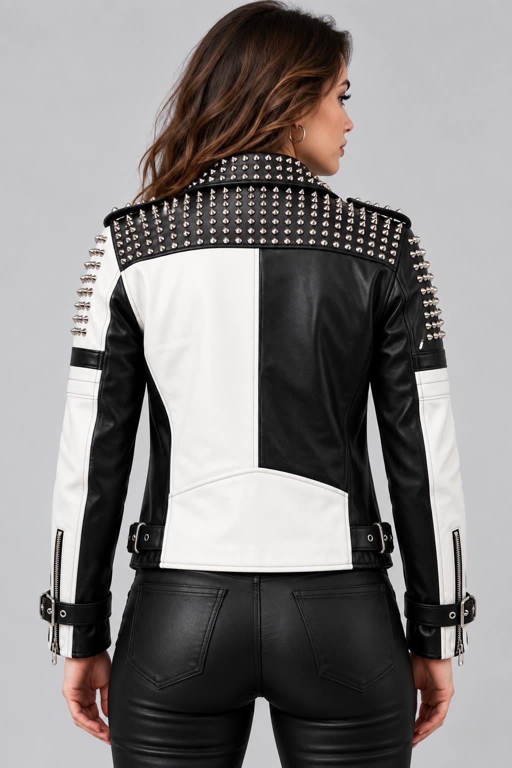 women Black & White Studded Leather Punk Biker Jacket back view by avanzar leather