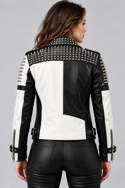 women Black & White Studded Leather Punk Biker Jacket back view by avanzar leather