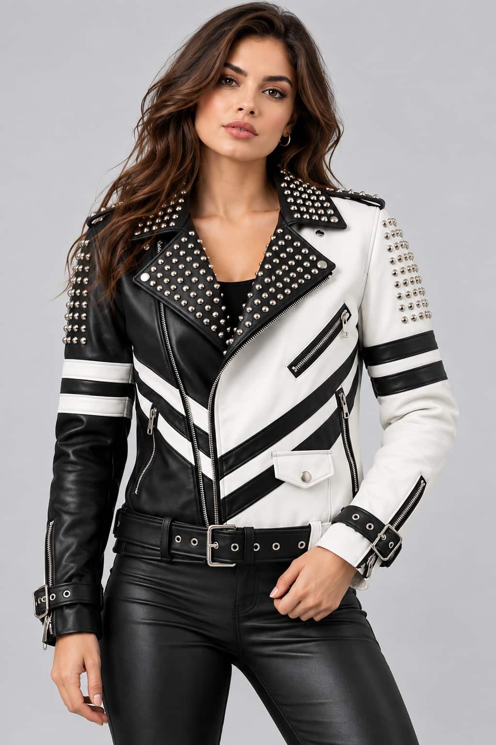 women Black & White Studded Leather Punk Biker Jacket front view by avanzar leather