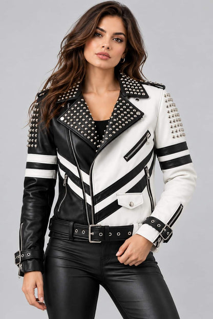 women Black & White Studded Leather Punk Biker Jacket front view by avanzar leather