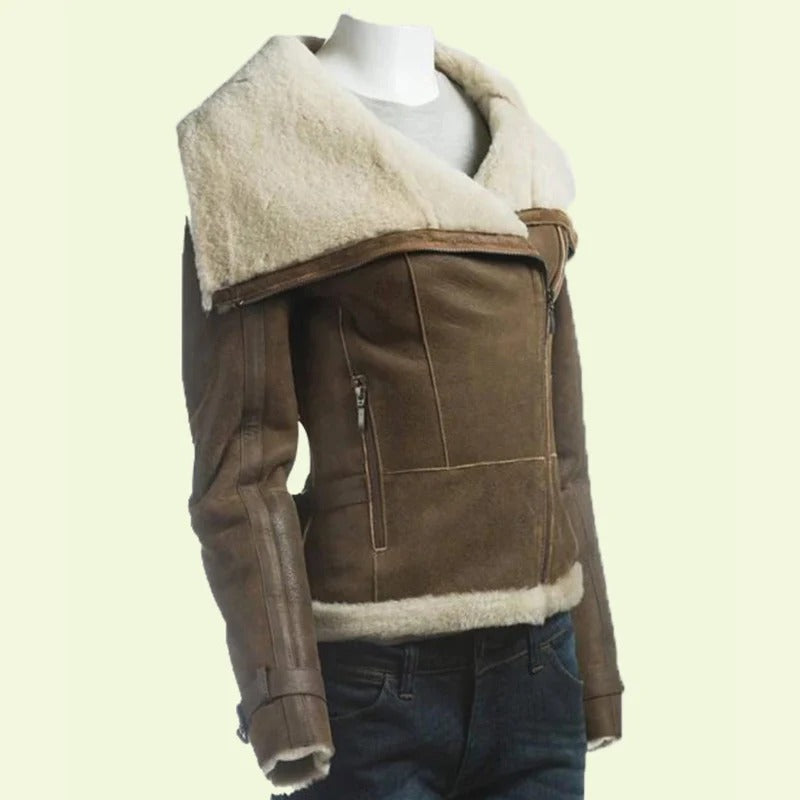 Women’s Olive Green Shearling Leather Jacket