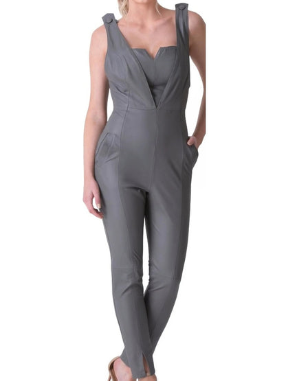 Avanzar Leather Women's Amazing Look Real Sheepskin Grey Leather Jumpsuit