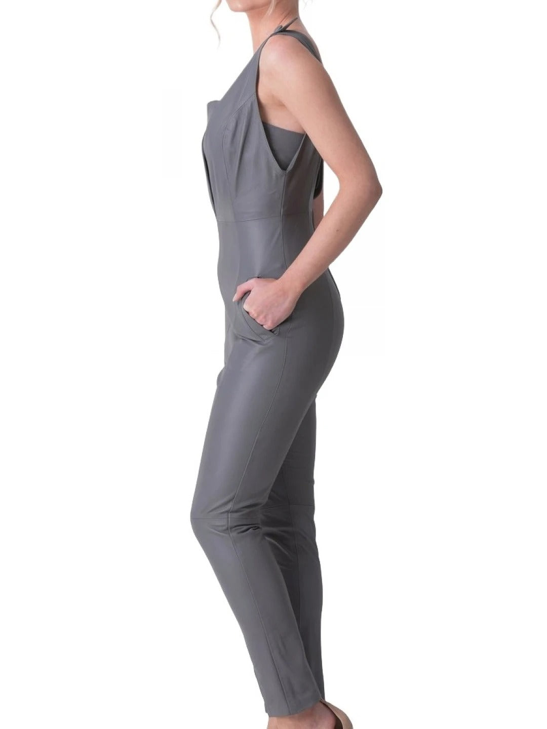 Avanzar Leather Women's Amazing Look Real Sheepskin Grey Leather Jumpsuit