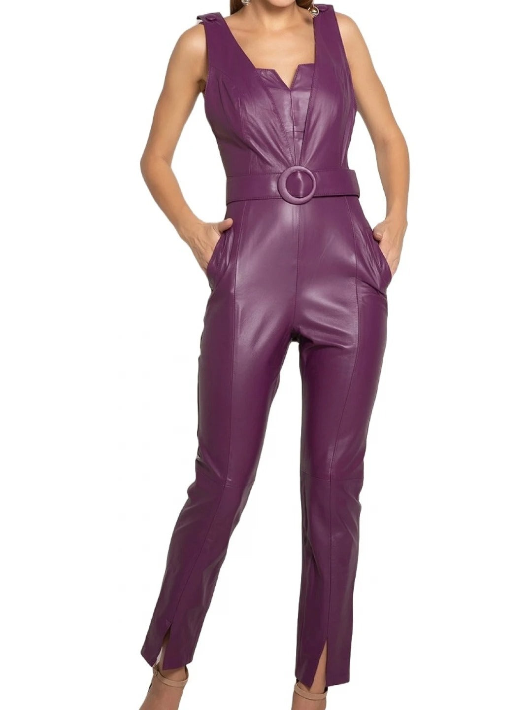 Avanzar Leather Women's Amazing Look Real Sheepskin Purple Leather Jumpsuit