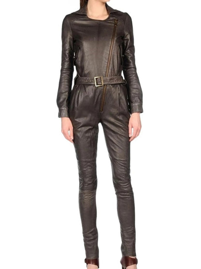 Avanzar Leather Women's Asymmetric Zipper Original Sheepskin Brown Leather Jumpsuit