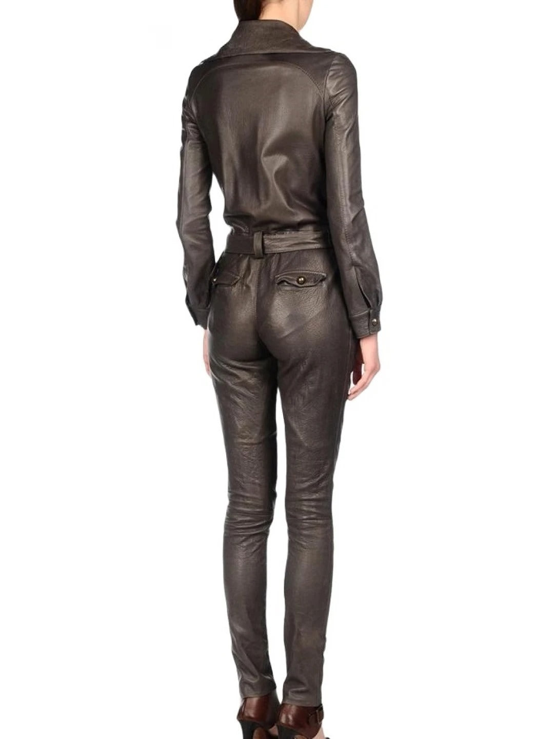 Avanzar Leather Women's Asymmetric Zipper Original Sheepskin Brown Leather Jumpsuit