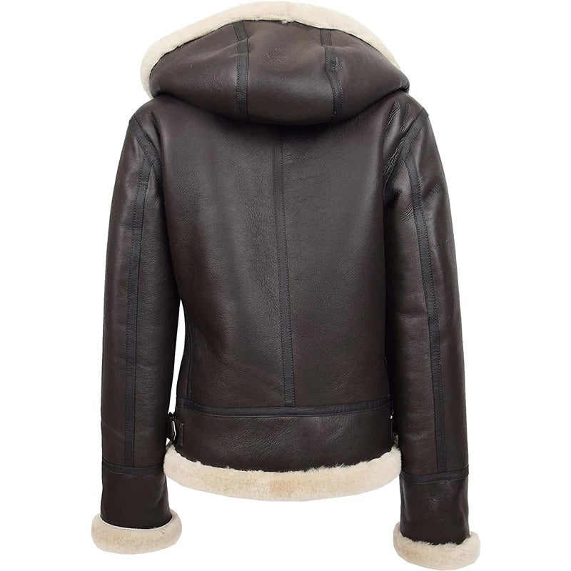 Women’s Brown Shearling Aviator Jacket with Hood | Avanzar Leather