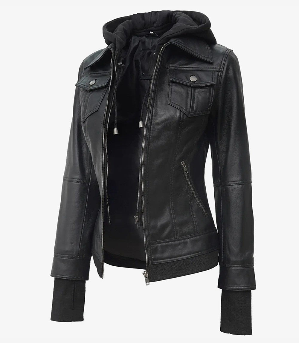 Women’s Black Leather Bomber Jacket with Removable Hood – Avanzar Leather