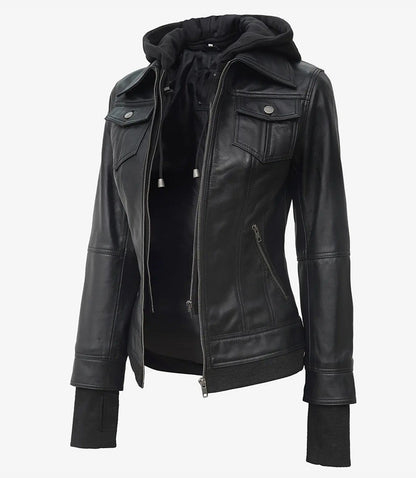 Women’s Black Leather Bomber Jacket with Removable Hood – Avanzar Leather