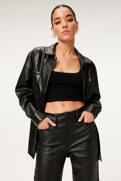 Women's Black Trucker Leather Shirt with Classic Fit