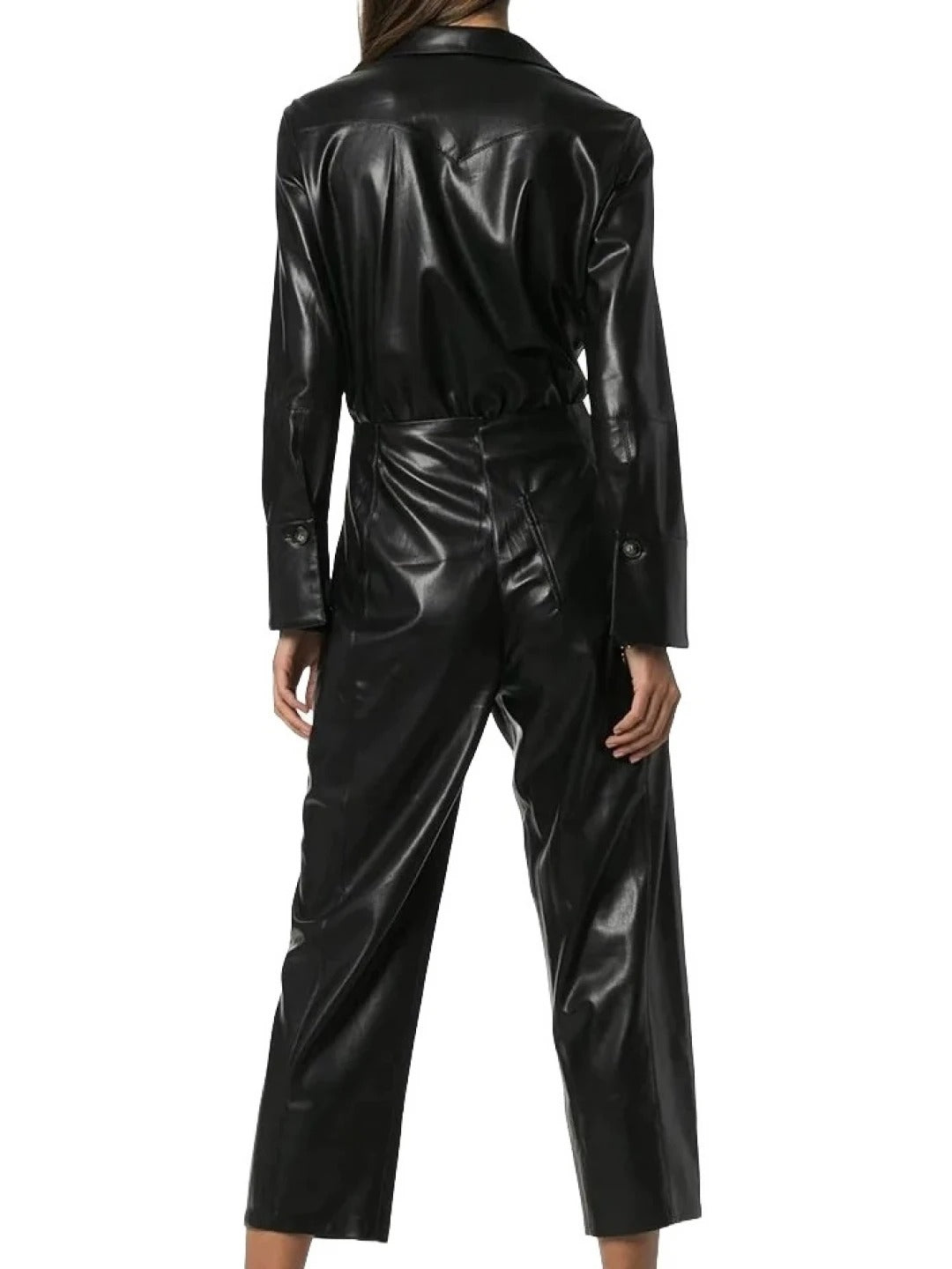 Avanzar Leather Women's Bold Fashion Original Sheepskin Black Leather Jumpsuit