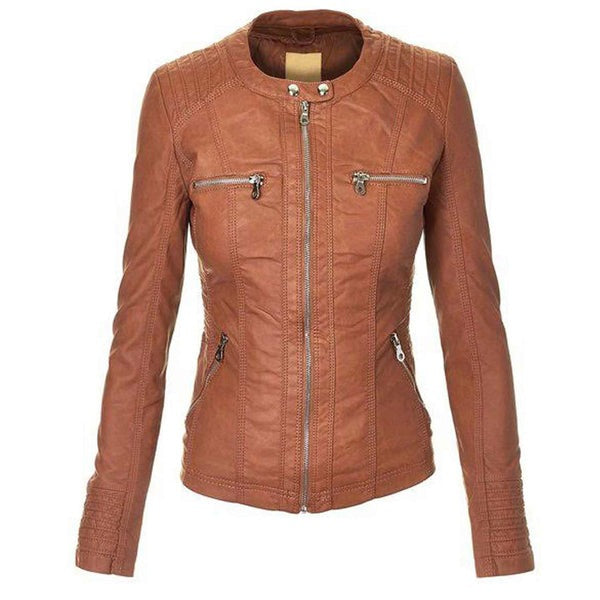 Women’s Brown Faux Leather Zip-Up Hooded Jacket by Avanzar Leather