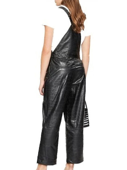 Avanzar Leather Women's Crocodile Embossed Original Sheepskin Black Leather Jumpsuit