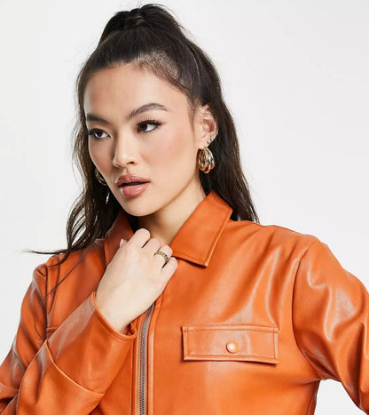 Women's Orange Cropped Full Sleeve Leather Shirt with Trendy Fit