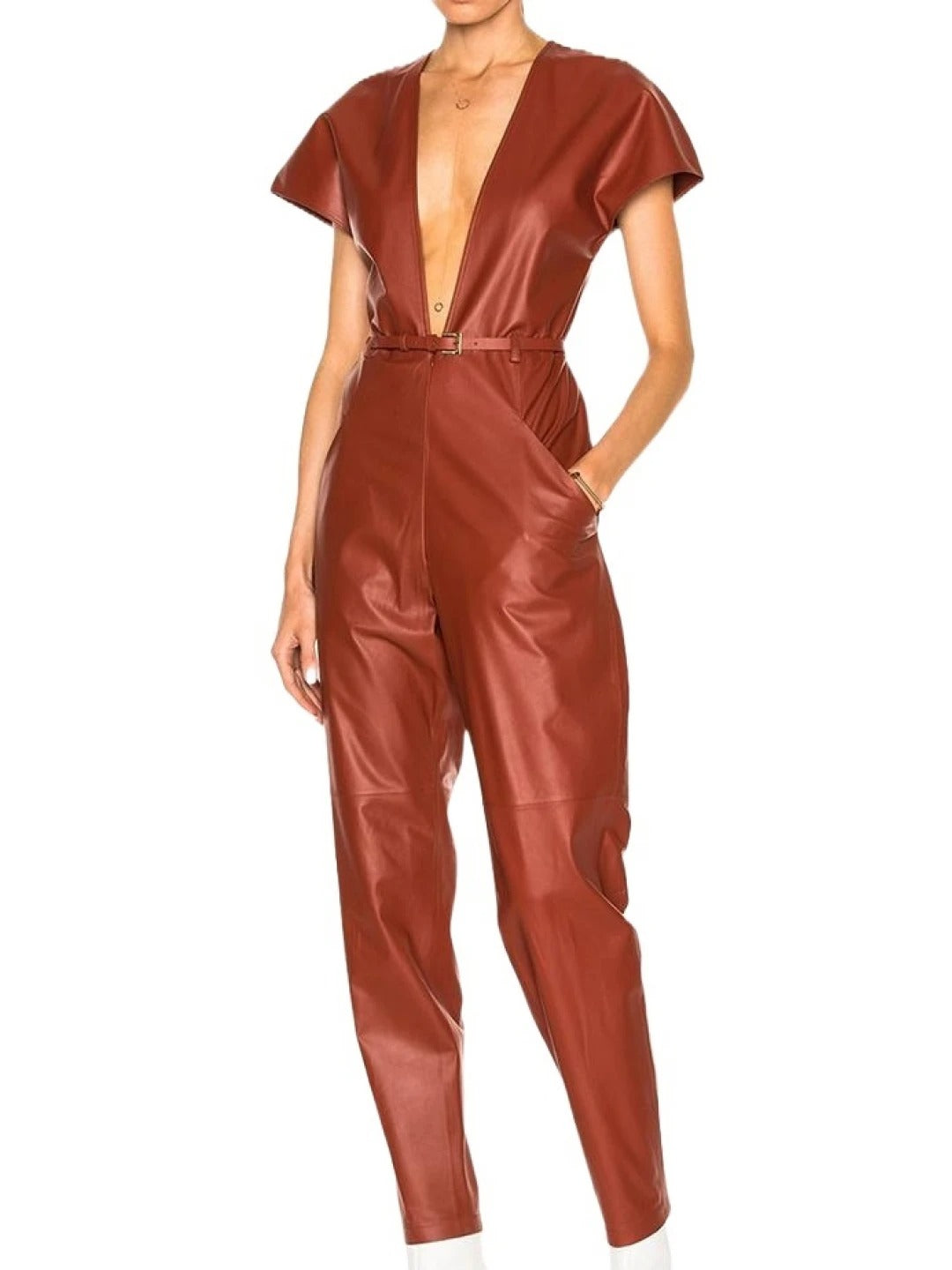 Avanzar Leather Women's Dashing Look Original Sheepskin Tan Leather Jumpsuit