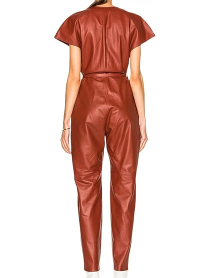 Avanzar Leather Women's Dashing Look Original Sheepskin Tan Leather Jumpsuit