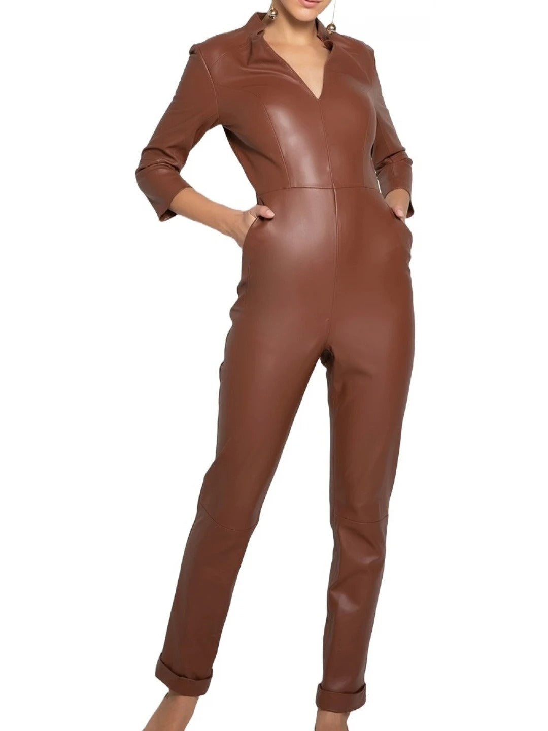 Avanzar Leather Women's Edgy Fashion Original Sheepskin Brown Leather Jumpsuit