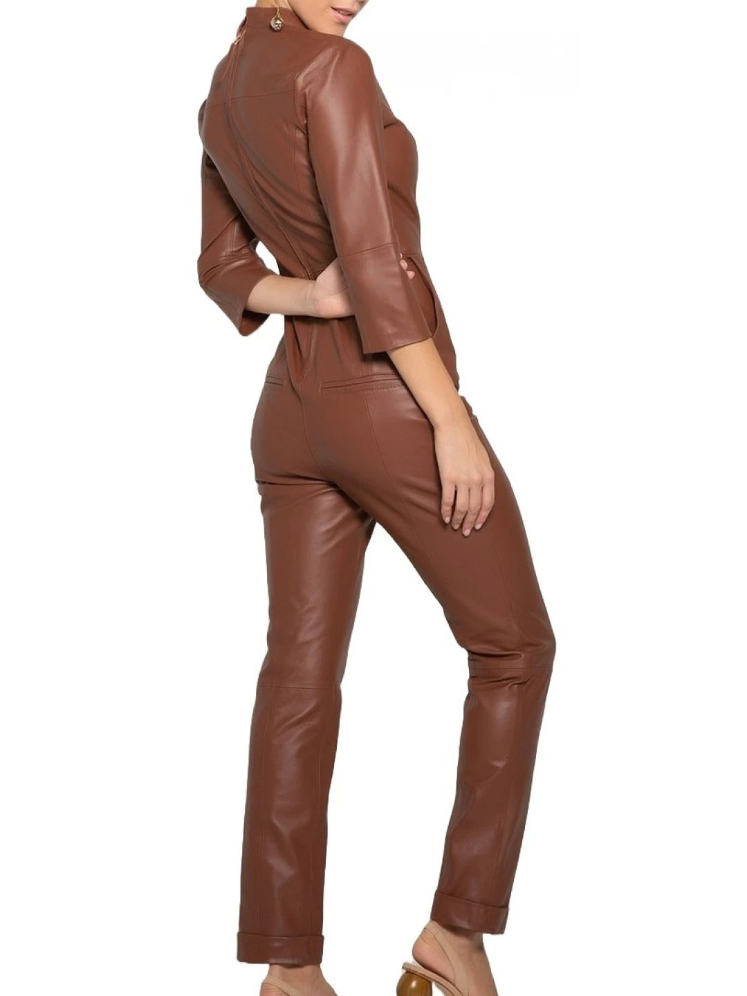 Avanzar Leather Women's Edgy Fashion Original Sheepskin Brown Leather Jumpsuit