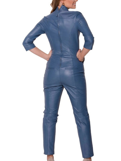 Avanzar Leather Women's Edgy Fashion Original Sheepskin Blue Leather Jumpsuit