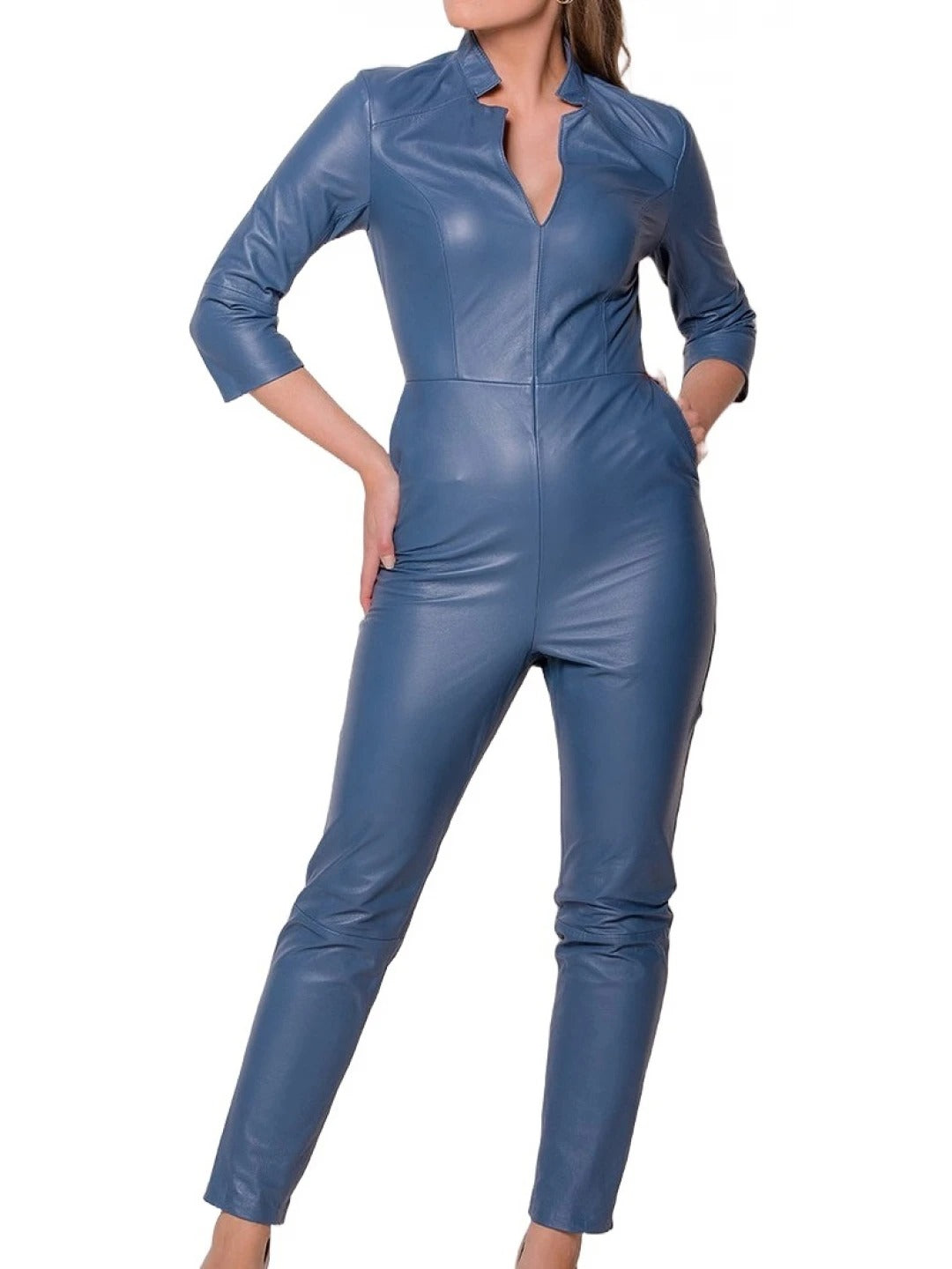 Avanzar Leather Women's Edgy Fashion Original Sheepskin Blue Leather Jumpsuit