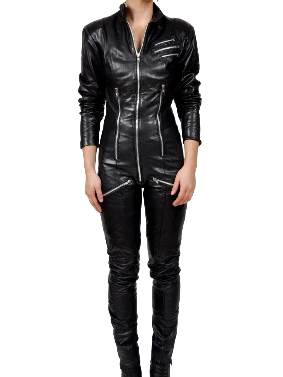 Avanzar Leather Women's Elegant Original Sheepskin Black Leather Jumpsuit