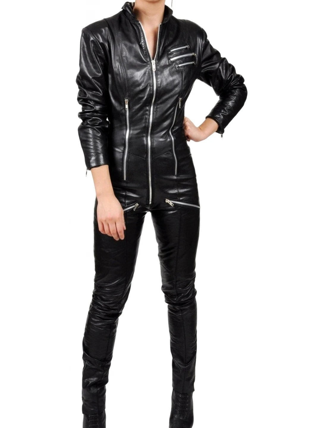 Avanzar Leather Women's Elegant Original Sheepskin Black Leather Jumpsuit