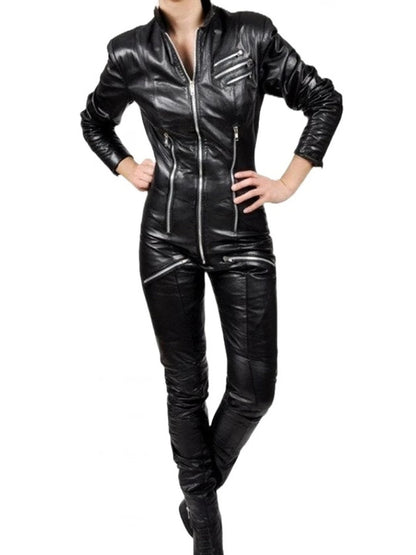 Avanzar Leather Women's Elegant Original Sheepskin Black Leather Jumpsuit