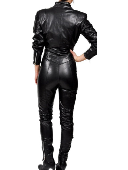 Avanzar Leather Women's Elegant Original Sheepskin Black Leather Jumpsuit