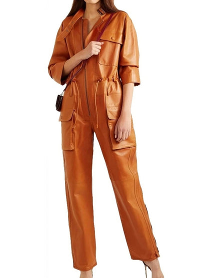 Avanzar Leather Women's Elegant Style Real Sheepskin Tan Leather Jumpsuit