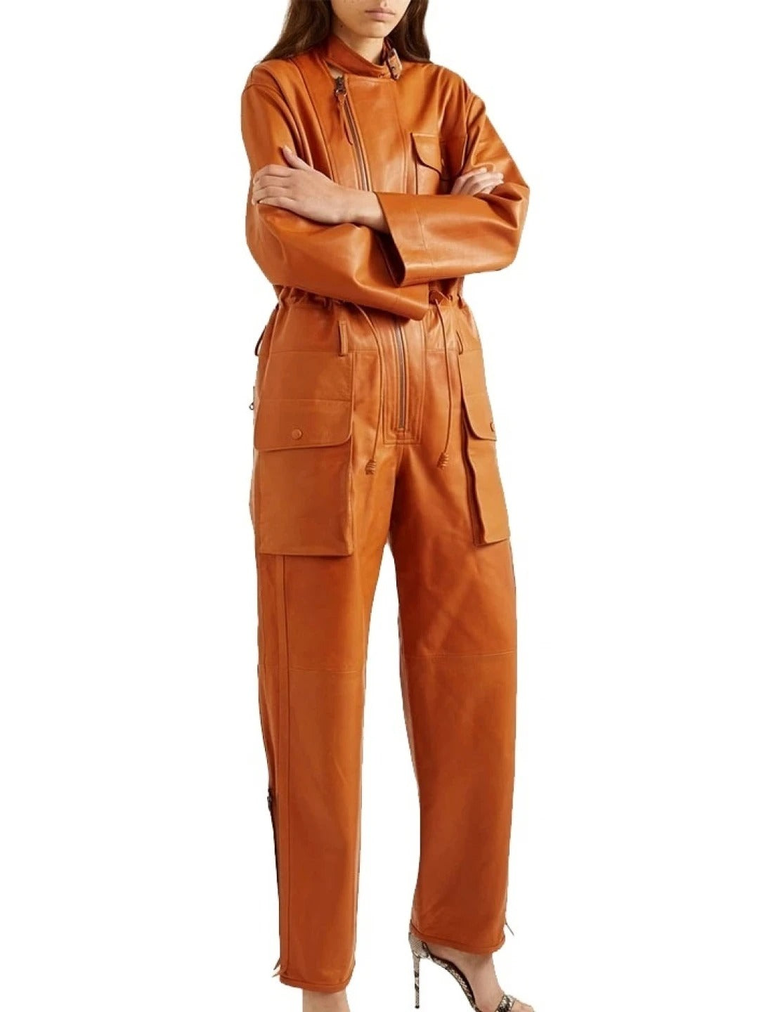 Avanzar Leather Women's Elegant Style Real Sheepskin Tan Leather Jumpsuit