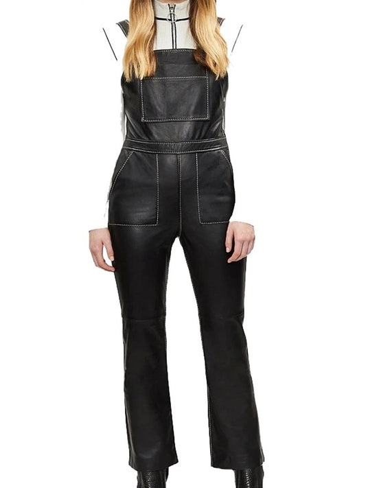 Avanzar Leather Women's Eye-Catching Real Sheepskin Black Leather Jumpsuit